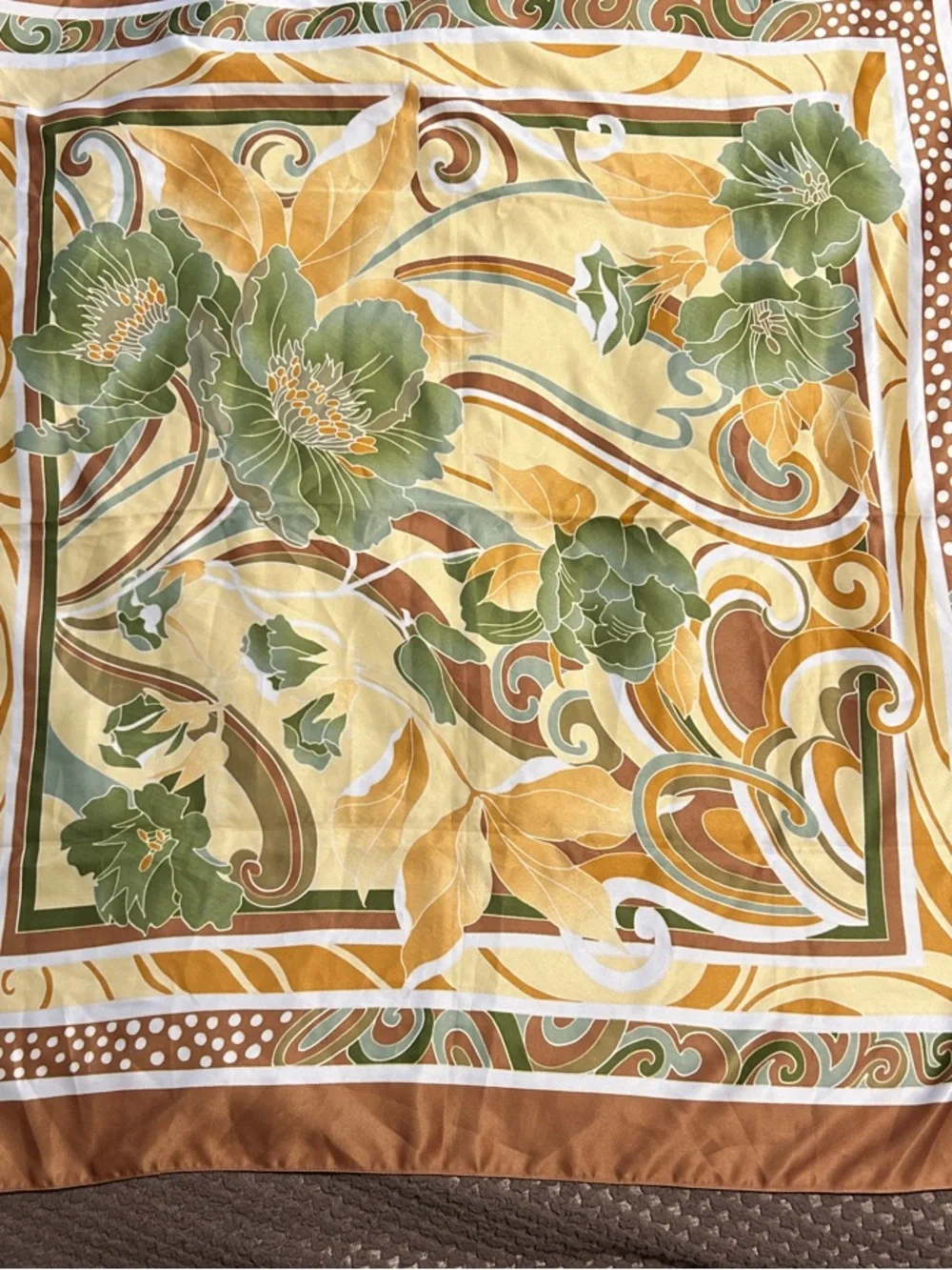 Vintage Italian  Floral Square Scarf in Brown and Green